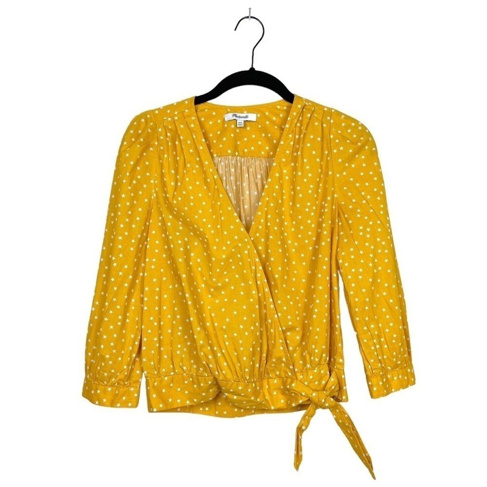 Madewell Women’s Yellow Star Print Wrap Top Blouse 3/4 Sleeve Tie Size XXS